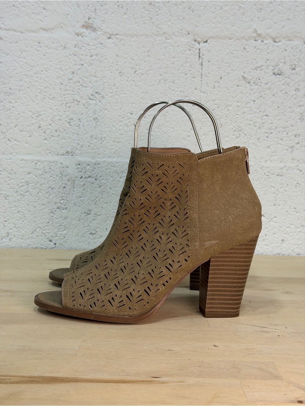 Restricted Tan Suede Laser-Cut Peep-Toe Block Heel Booties